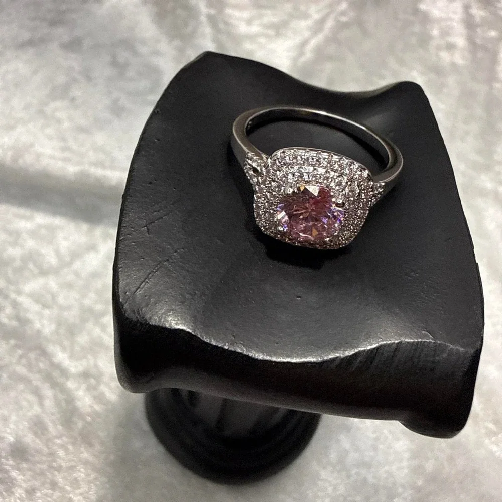 Viral Pink Sapphire CZ Silver Stainless Steel Non Tarnish Luxury Statement Ring